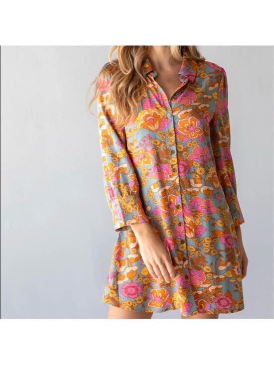 NATURAL LIFE Dresses & Skirts - Natural Life Twiggy Vibrant Floral Button-Up Tunic Shirt Dress Pink & Mustard